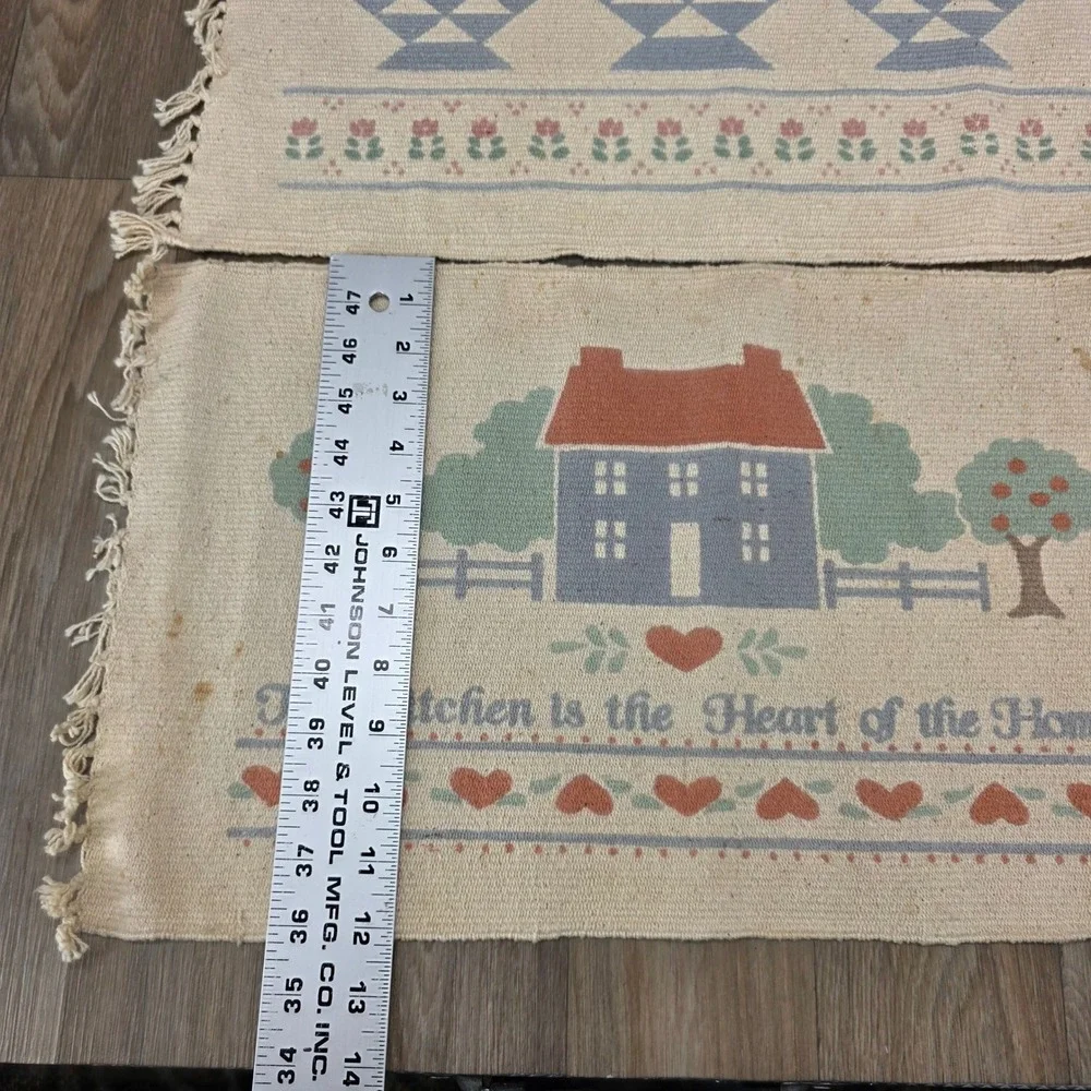 Vintage Country Folk Art Woven Placemats‎ Set 4 Saltbox House Heart Sampler Blue